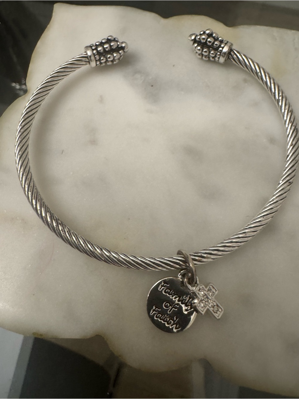 Silver Twisted Cable Charm Cuff Bracelet with Cross